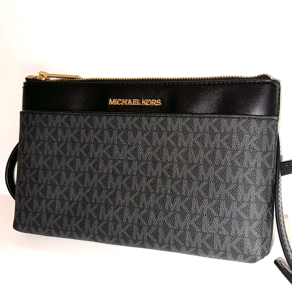 Michael Kors Black Leather Monogram Adjustable Crossbody Bag with Care Card